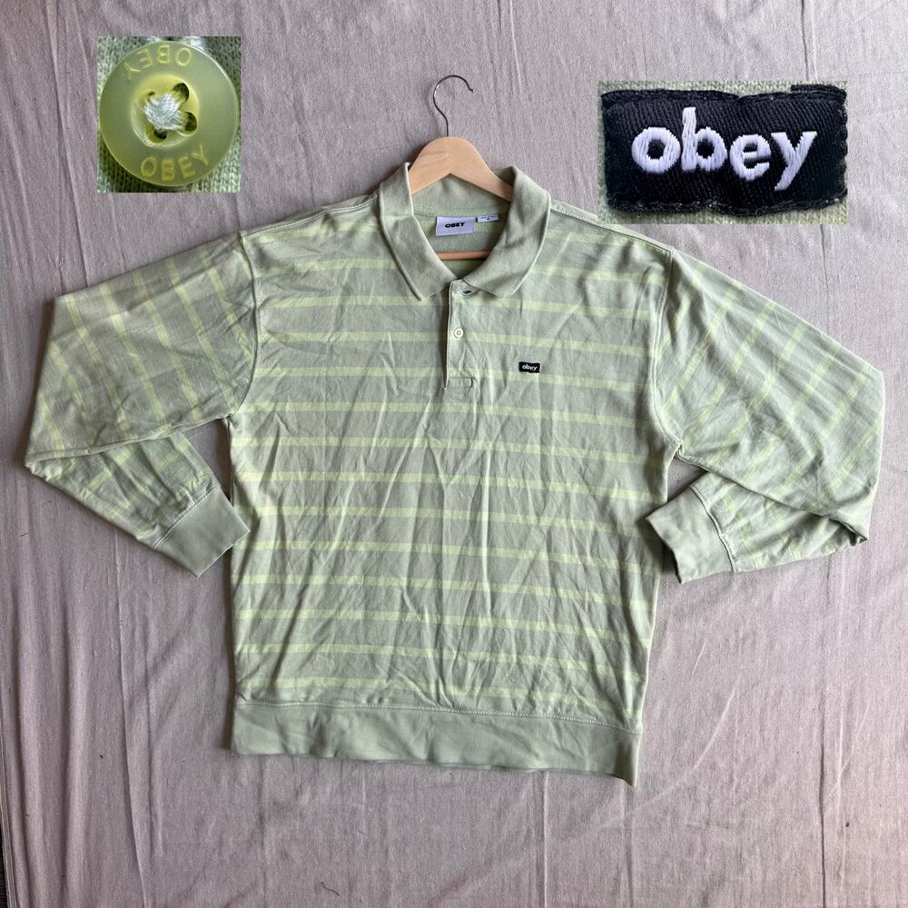 Obey Rugby Shirt Men's Medium Heavyweight Cotton Striped Green Shepard Fairey